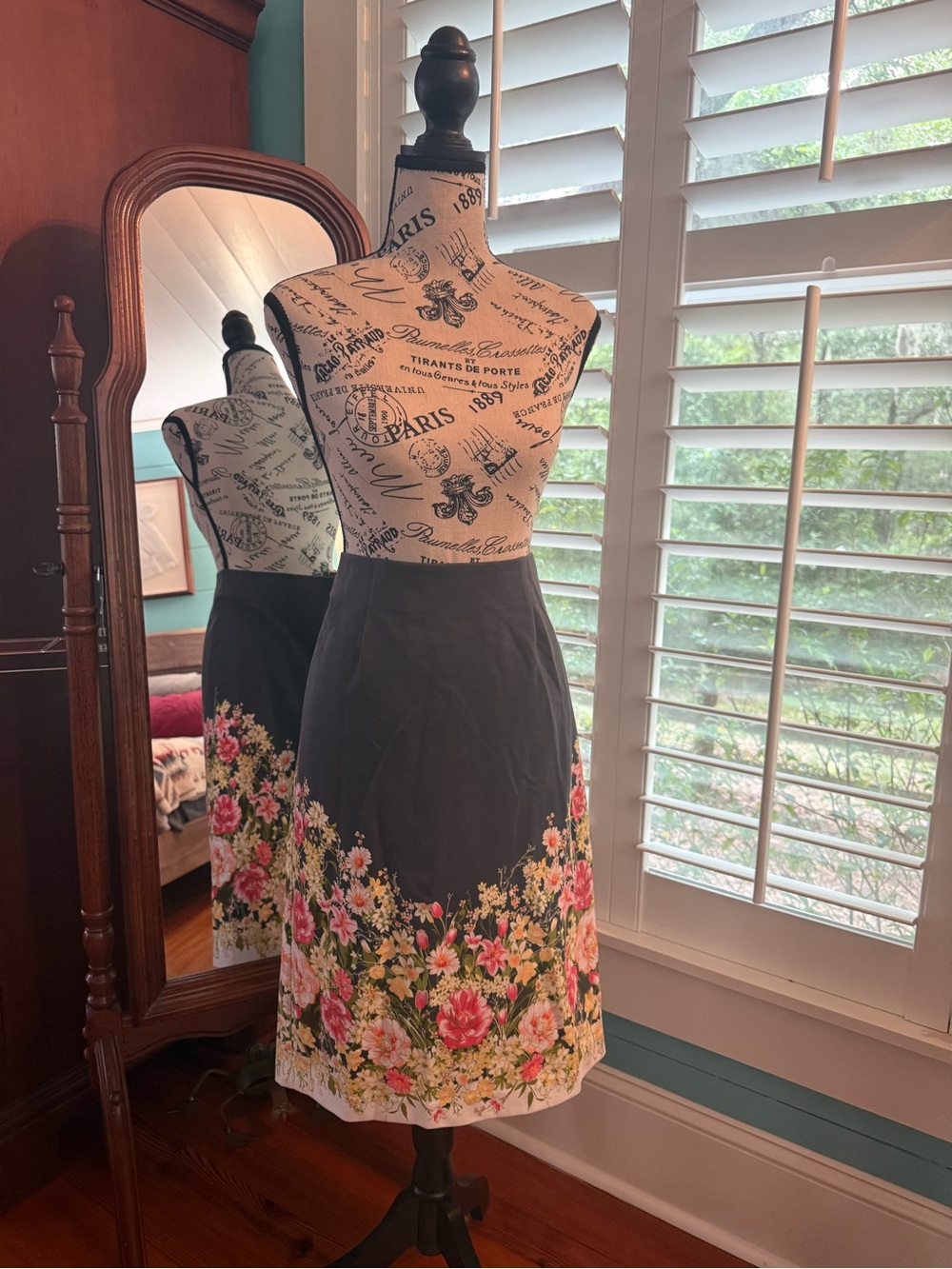 JJill Dark Grey Floral Border Midi Skirt